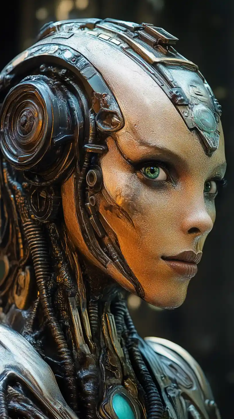 Cyborg reptilian woman portrait in steampunk biomechanical armor