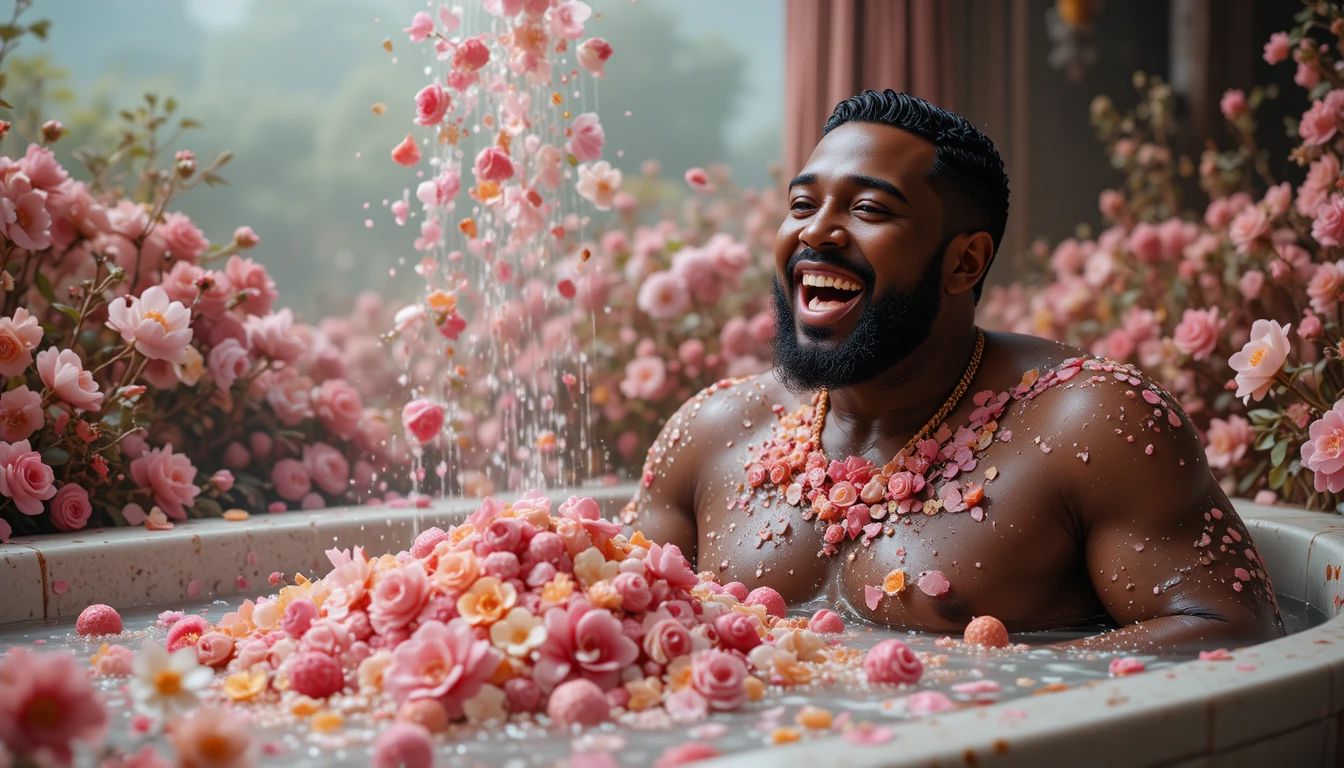 Joyful woman in flower filled bathroom fantasy scene