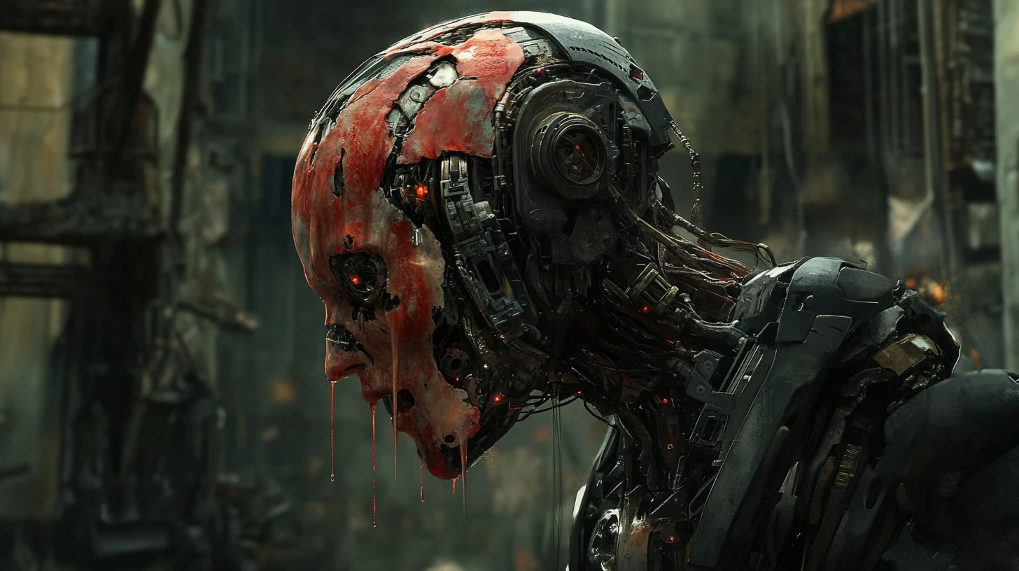Verfallender Cyborg enthüllt Maschinen in einer ruinösen postapokalyptischen Stadt