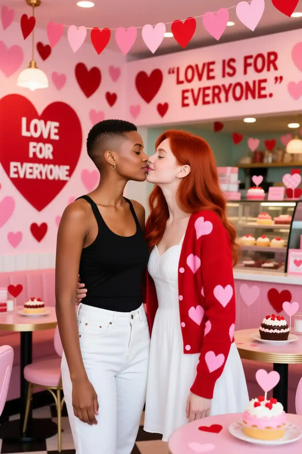 Zwei junge Frauen küssen sich in einem romantischen Valentinstags-Café