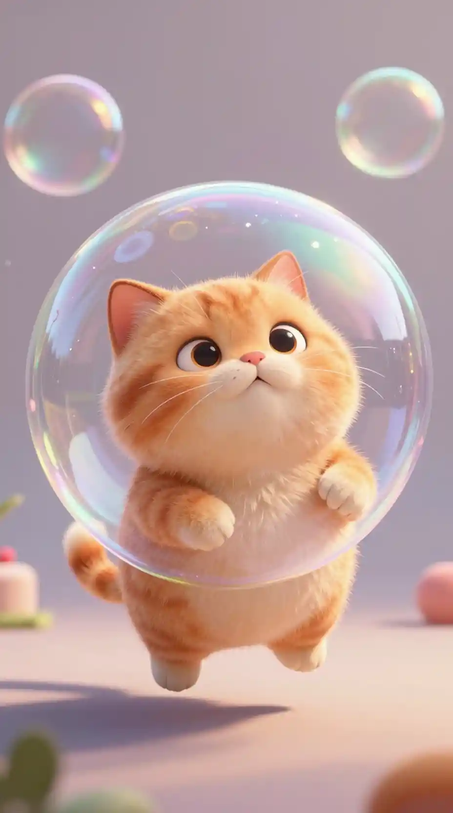 Chubby Orange Cat Floating In A Shimmering Soap Bubble