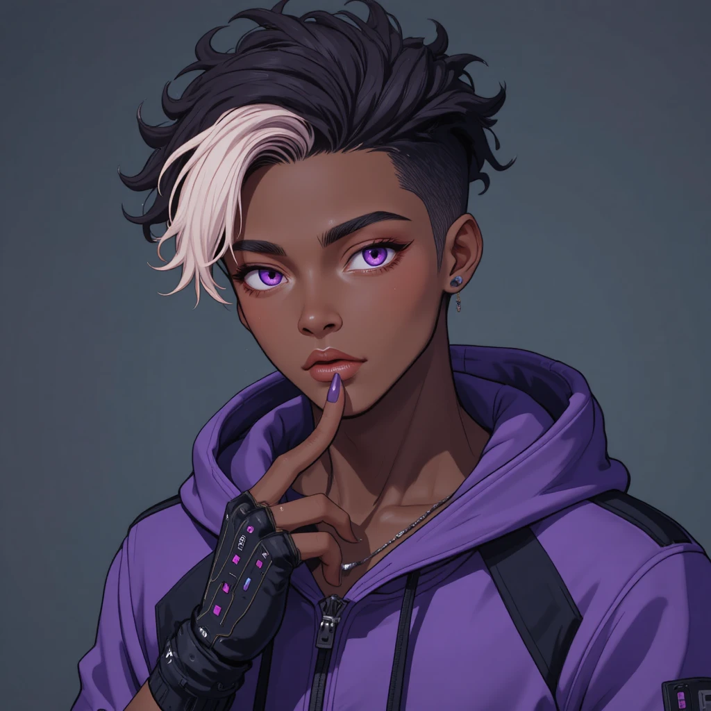 Chico de anime con ojos lila y sudadera morada con capucha
