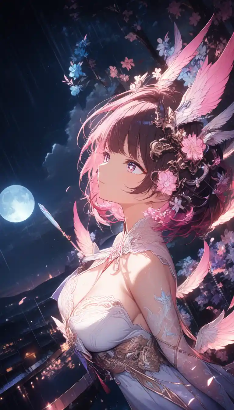Pink haired angelic girl under a moonlit garden sky