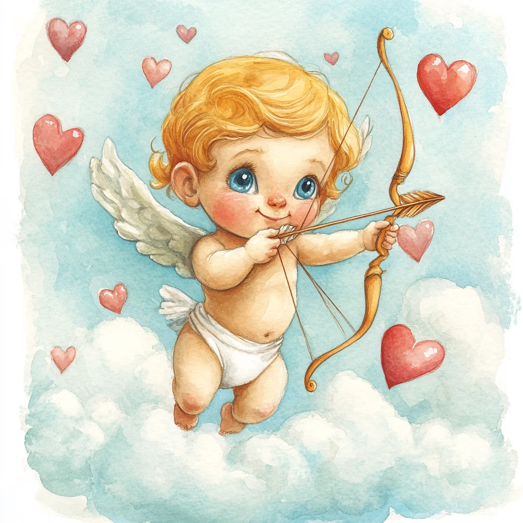 Cute little angel aiming arrow at floating red heart