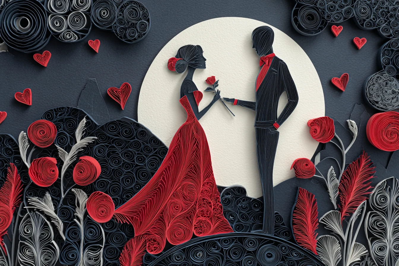 Paper quilled couple in a moonlit heart filled garden