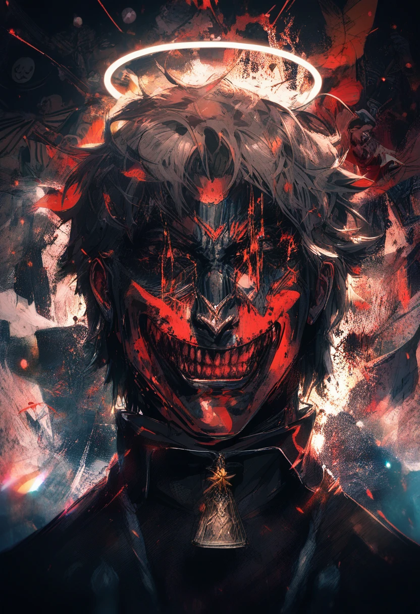 Siniestra figura oscura tipo Santa con halo roto y alas