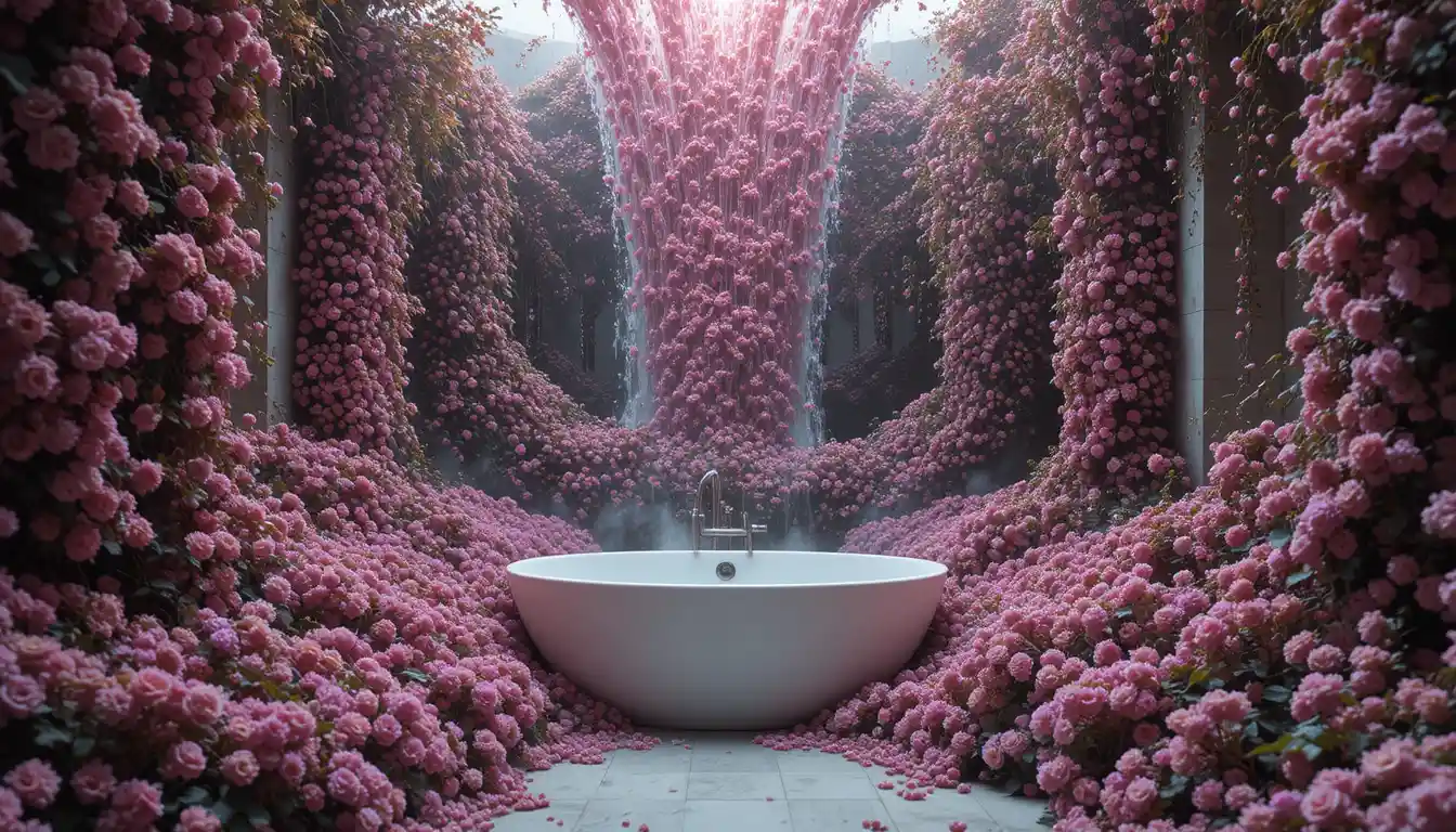 Wild flowers overflowing in a romantic bathroom sanctuary
