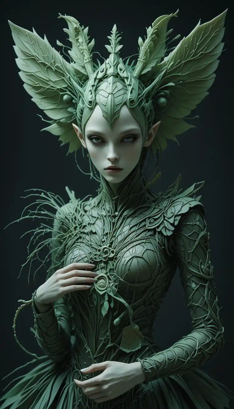 Alien fairy woman in insect inspired biomechanical headdress