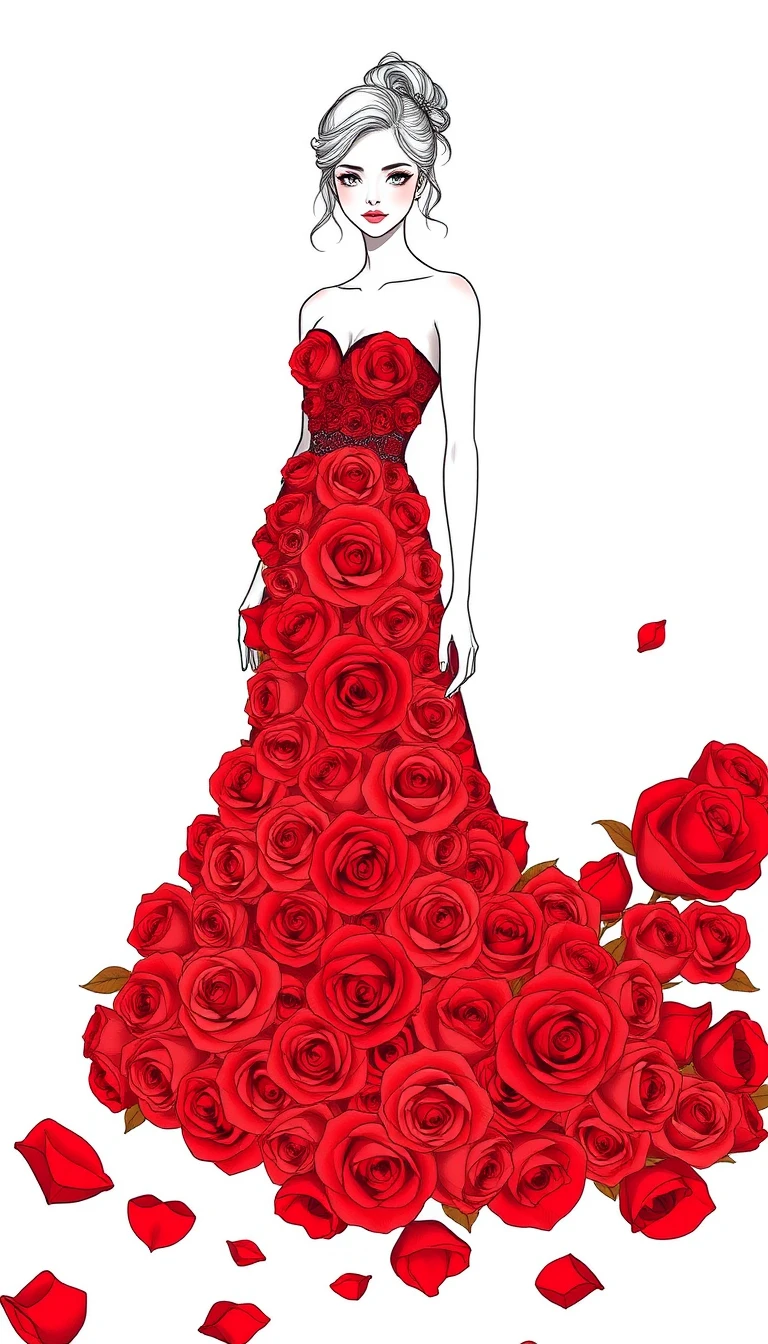 Elegant woman in a red rose couture gown illustration