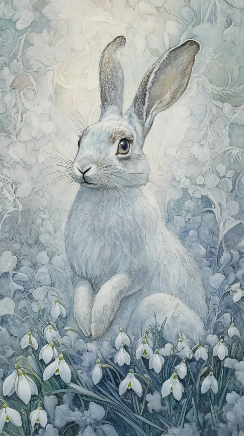 Symbolist painting of a snow hare among delicate snowdrops