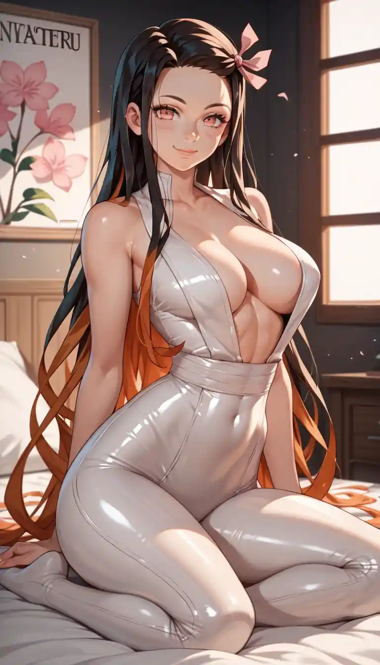 Anime girl posing playfully on a bed in a dark room