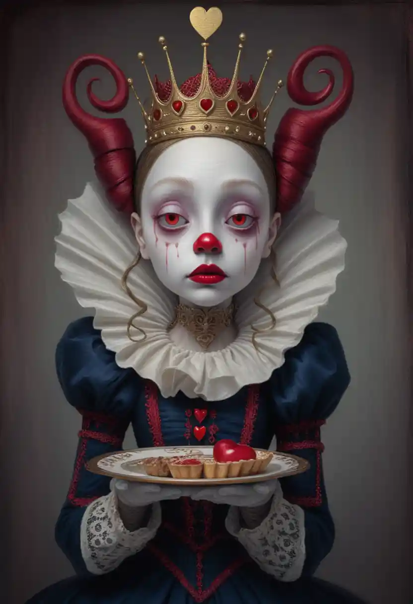 Melancholic queen of hearts holding a red heart tart