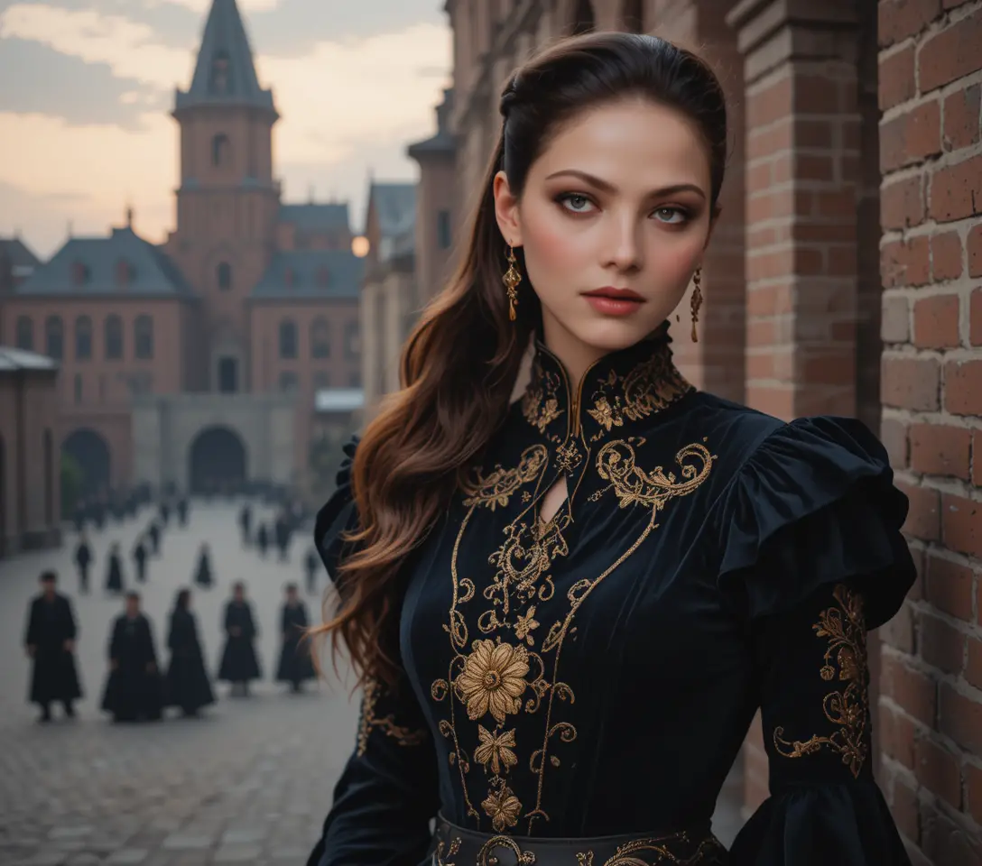 Young woman in black velvet dress at medieval courtyard
