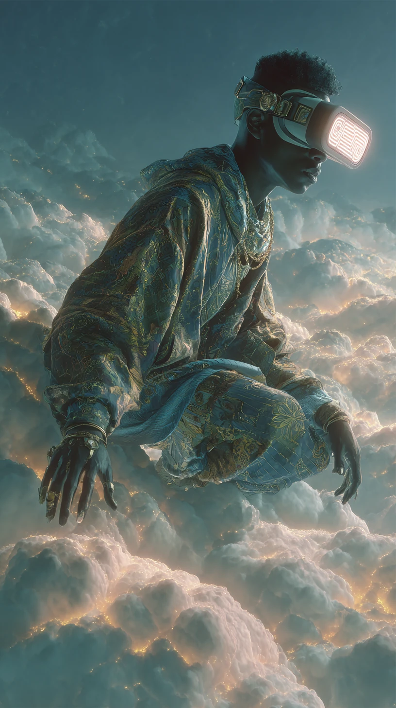 Uomo afrofuturista che fluttua sopra nuvole notturne luminose