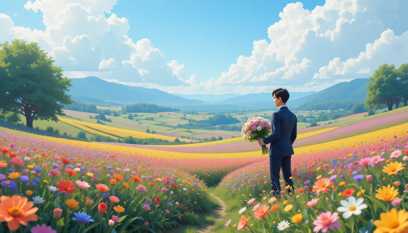 Fantasy woman in flower fields with romantic bouquet