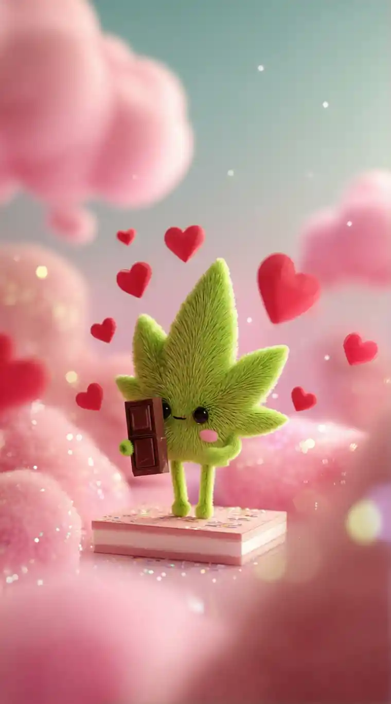 Cute 3D cannabis leaf holding a tiny valentine chocolate box