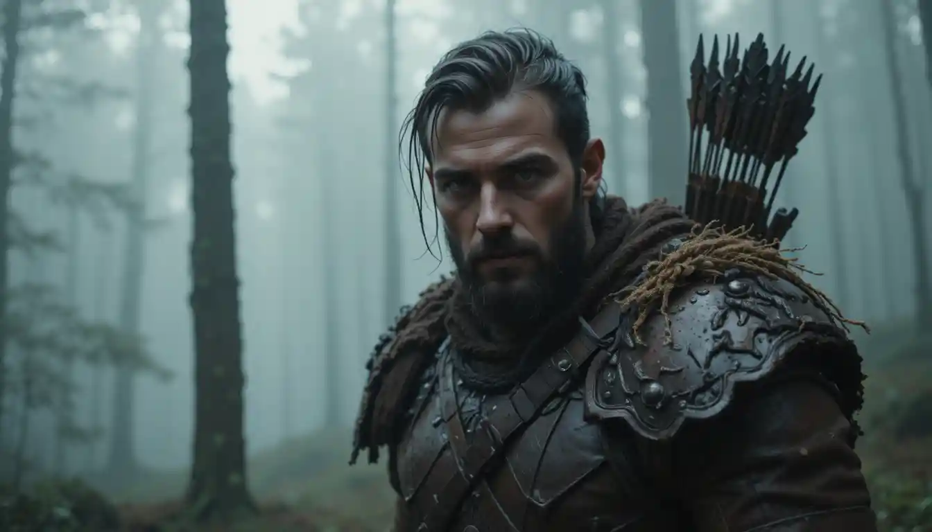 Determined archer in leather armor amid misty forest