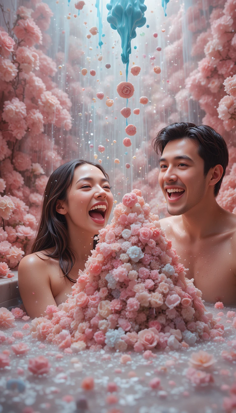 Couple riant dans une salle de bain inondée de fleurs sauvages