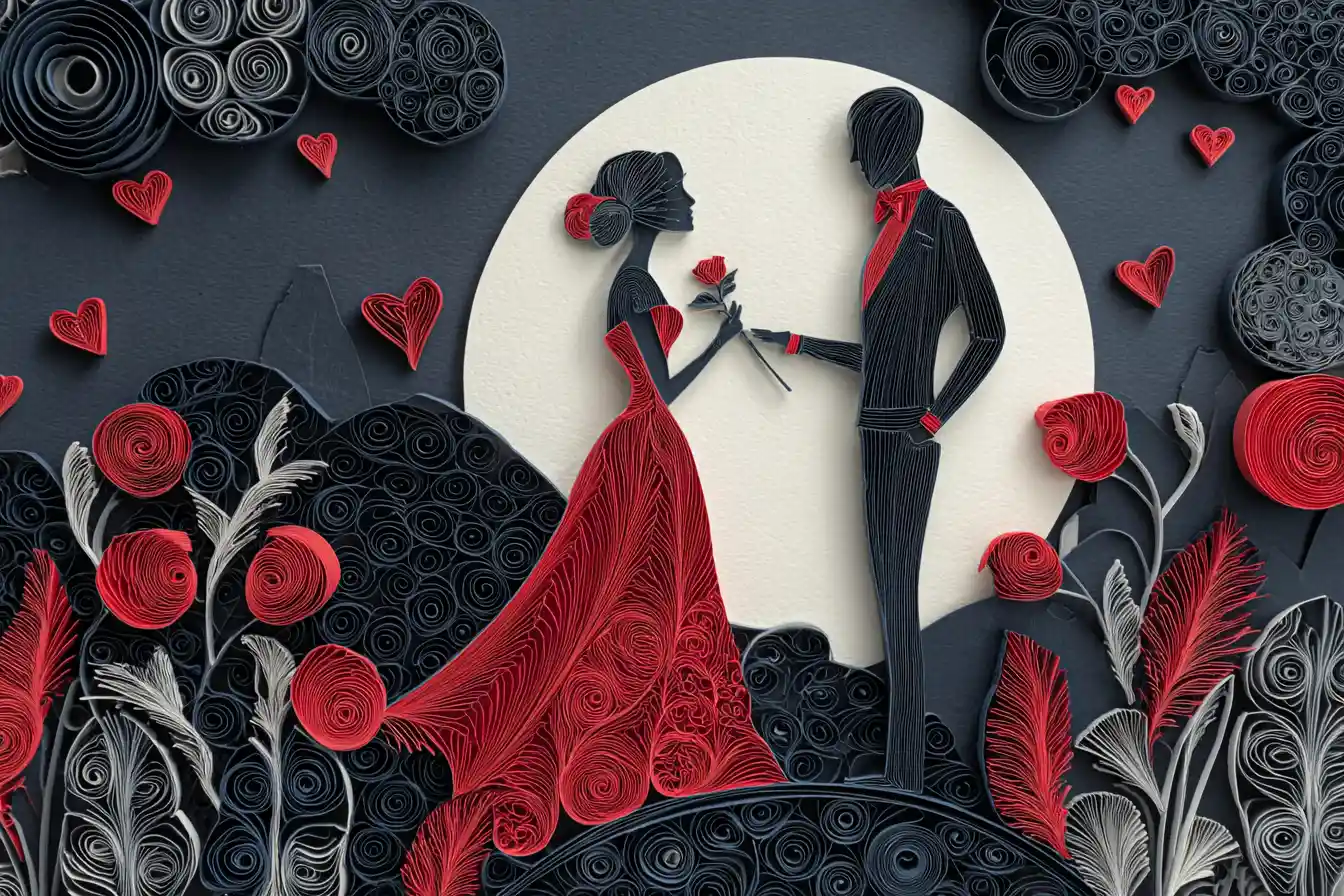 Paper quilled couple in a moonlit heart filled garden