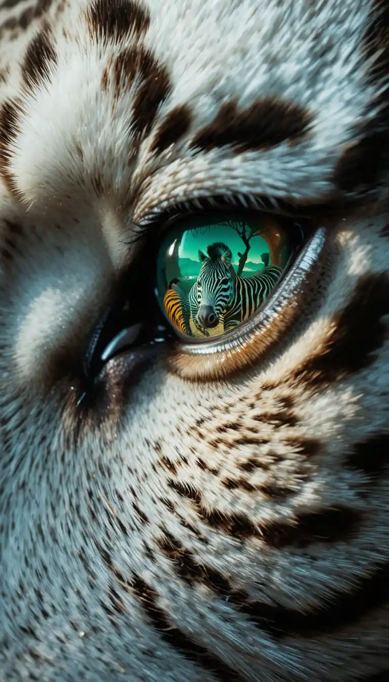 White Tiger Green Eye Close Up With Running Zebras