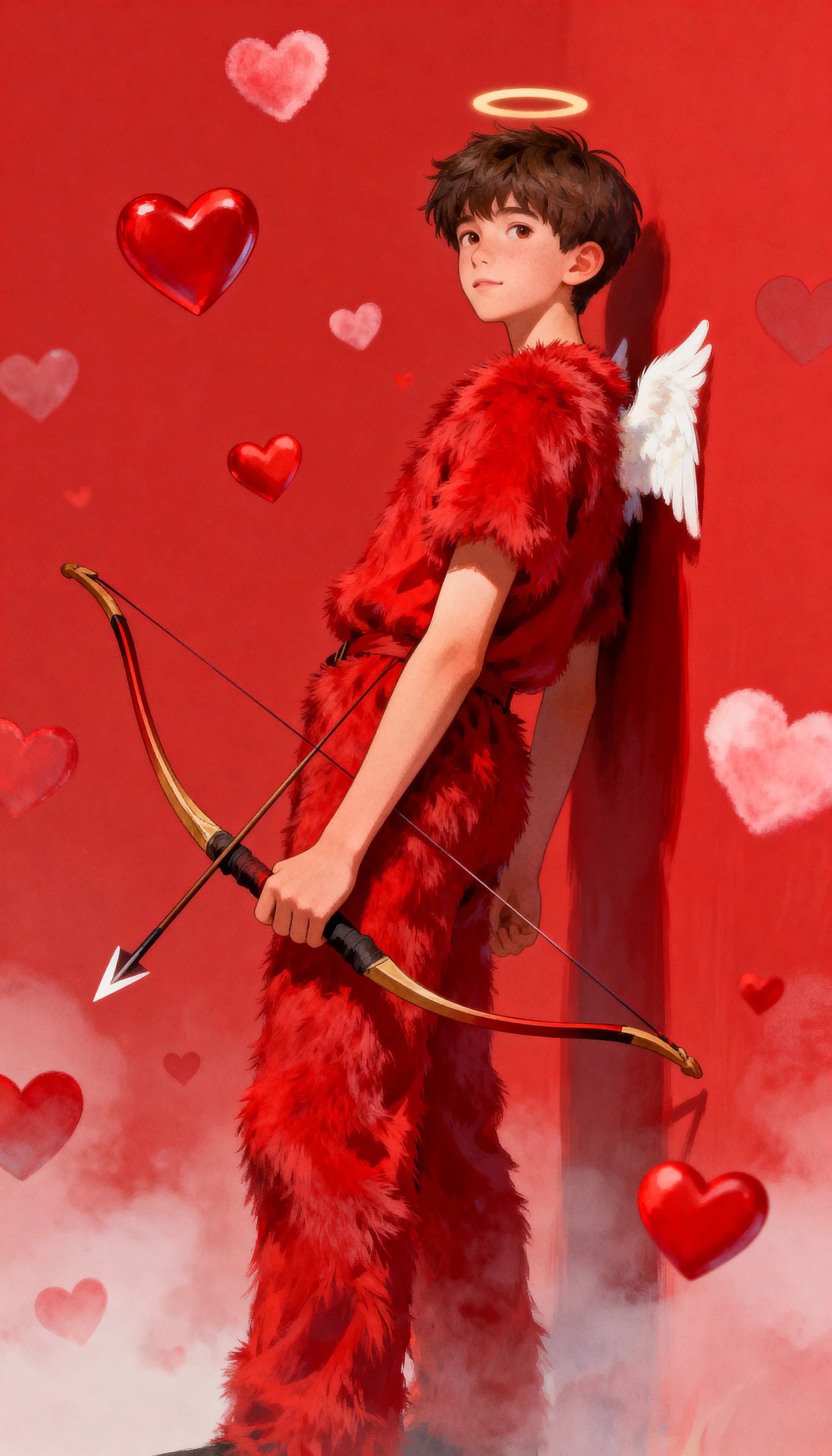 Teenage boy archer in red with hearts on red background