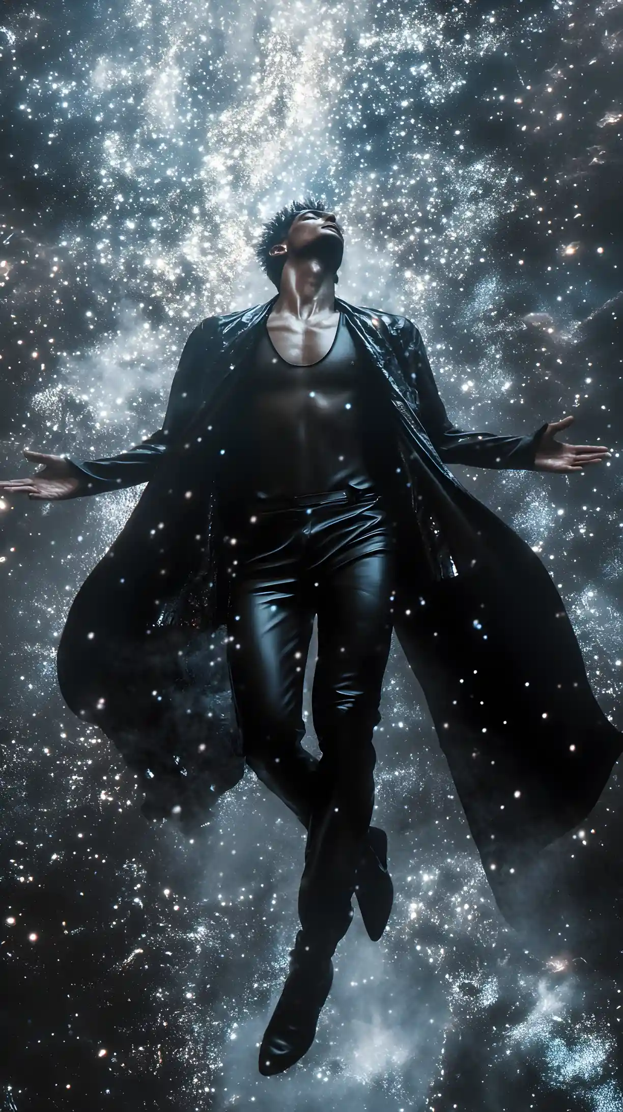 Serene cosmic male model rising amid ethereal stardust glow