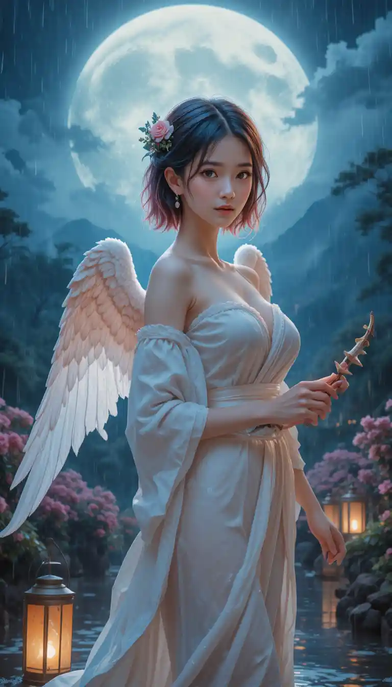 Pink haired anime girl with wings under the moon