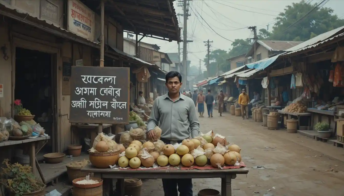 Young Bangladeshi vendor at a coconut stall in bazaar