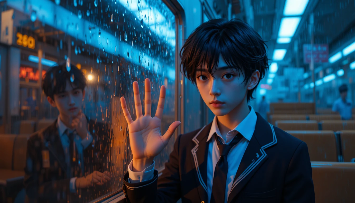 雨に濡れた窓越しの夜行列車に乗る少年