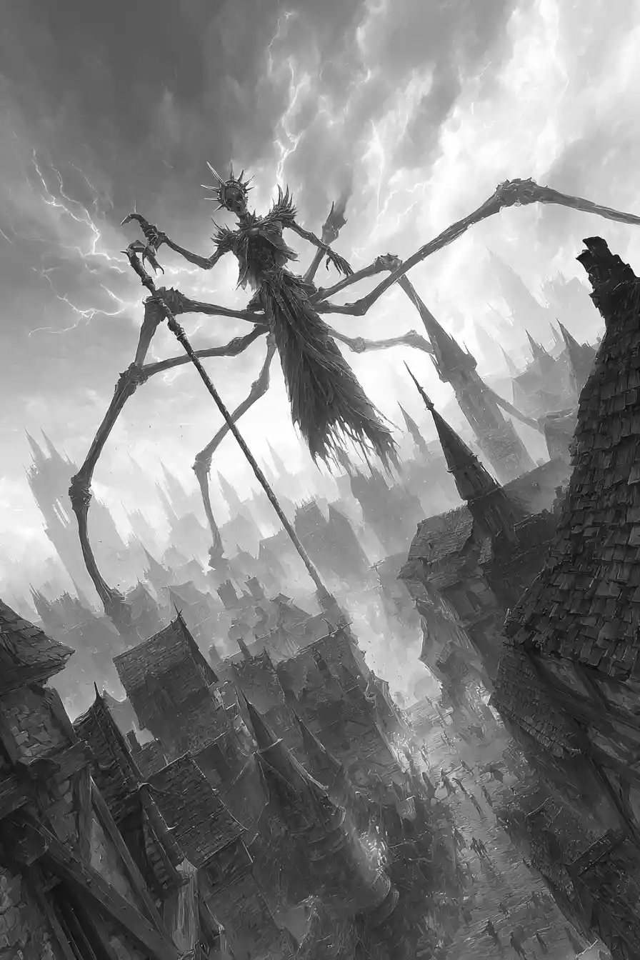 Undead spider queen towering above a ruined medieval town