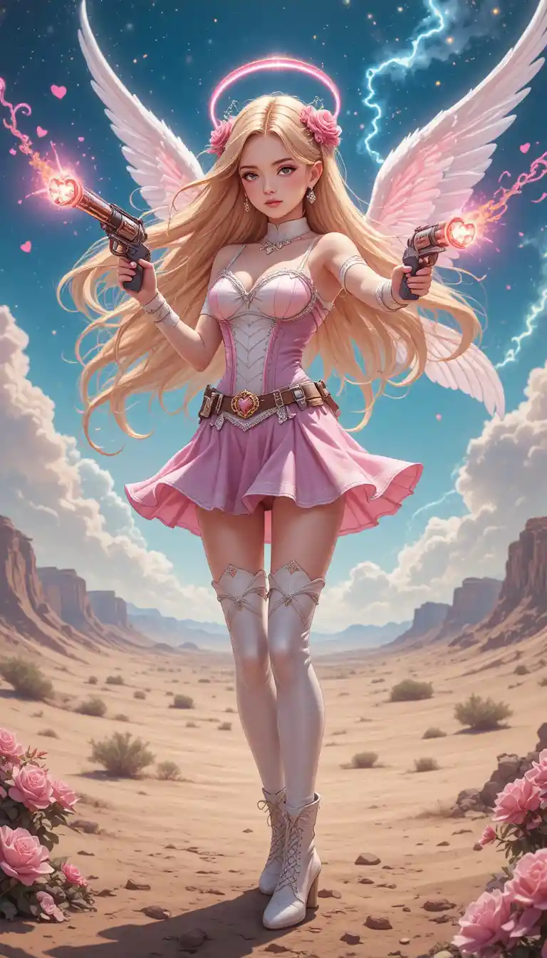 Anime cupid cowgirl firing glowing heart revolvers