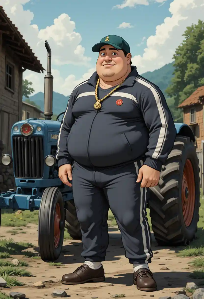 Burly man by a blue tractor in a retro anime village