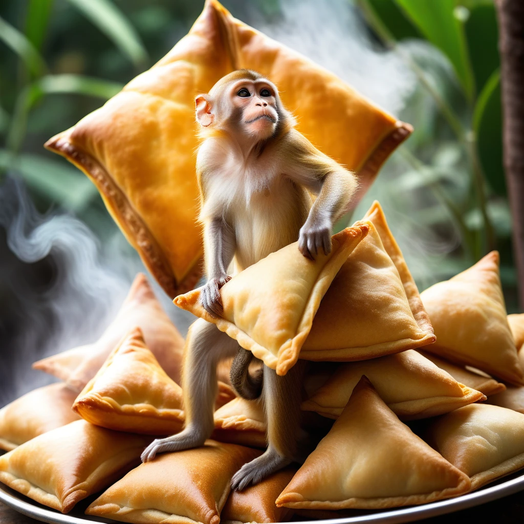 Playful monkey perched on a steaming samosa snack