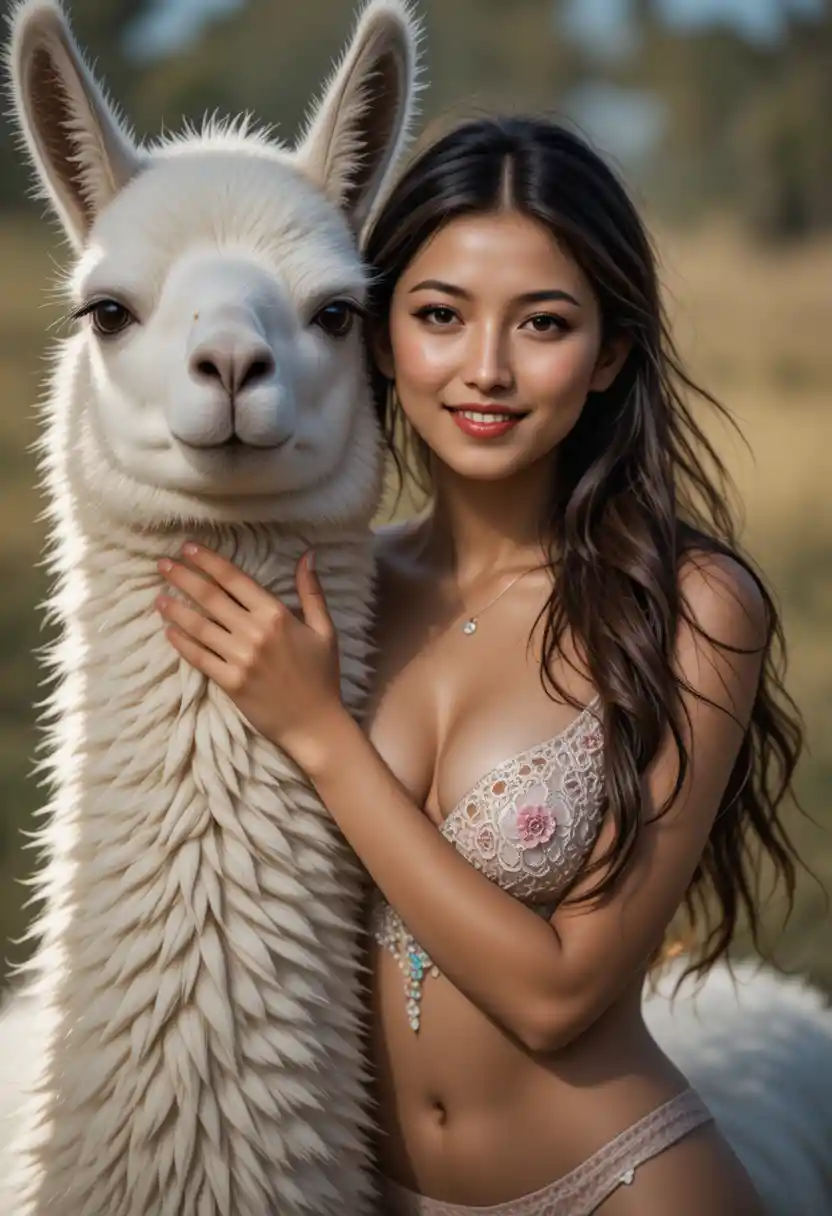 Smiling girl hugging a fluffy white llama outdoors