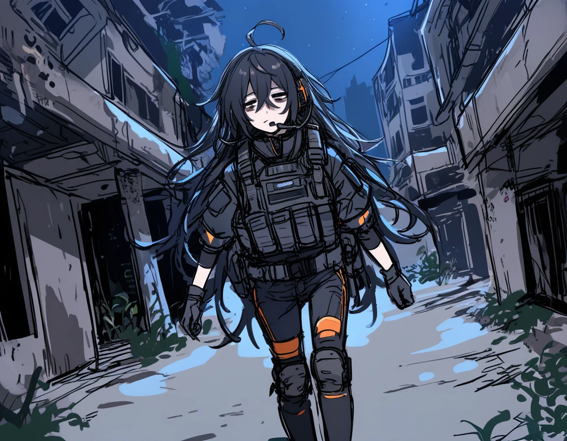 Tired female soldier walking through an abandoned city at night