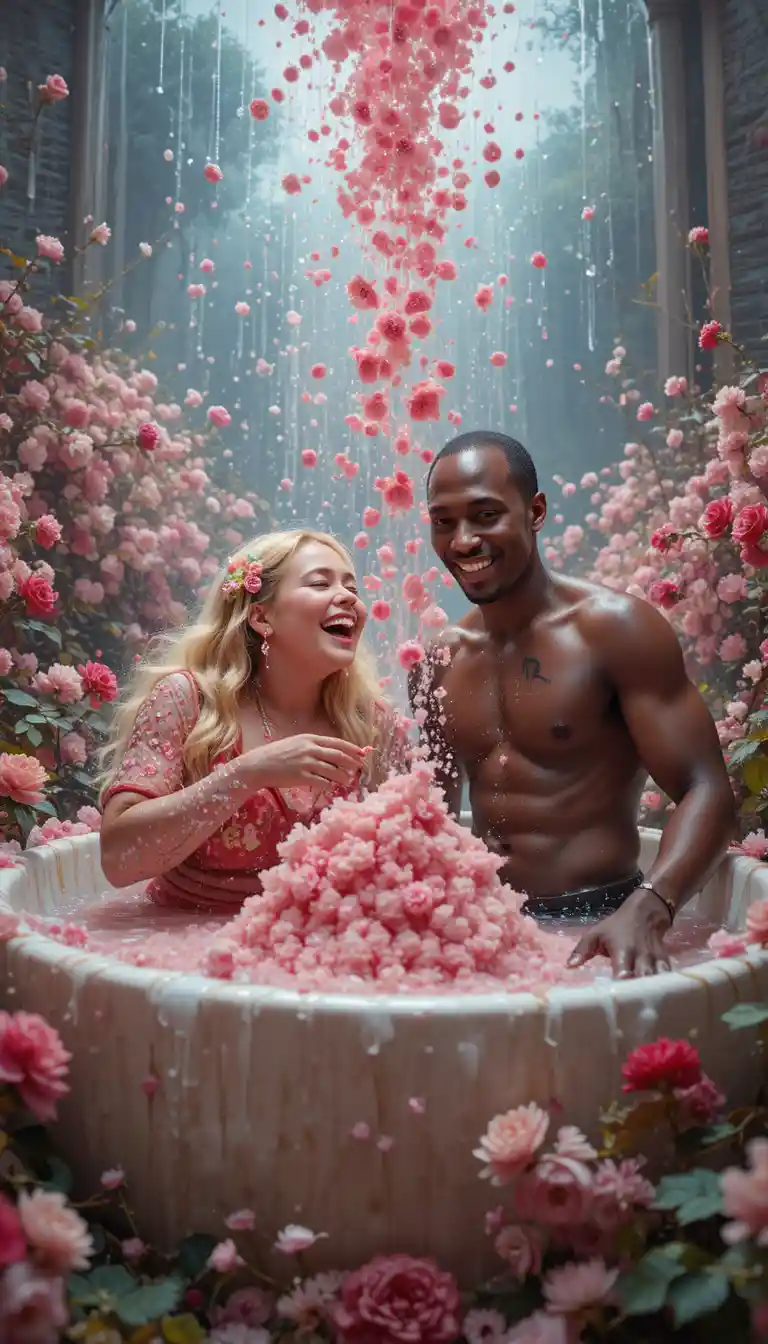 Joyful woman in wildflower filled bathroom with candy