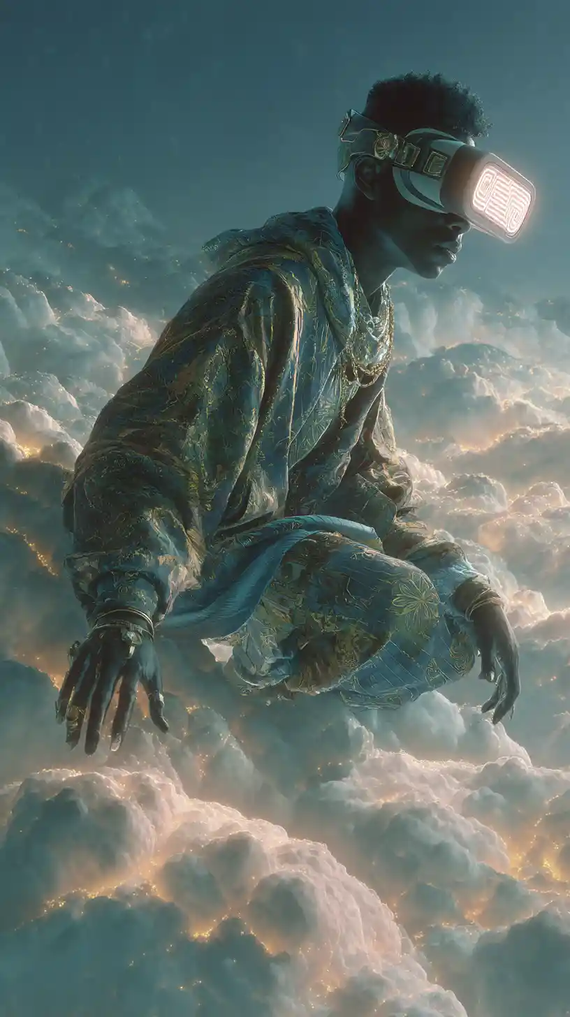 Afrofuturistic man floating above glowing night clouds