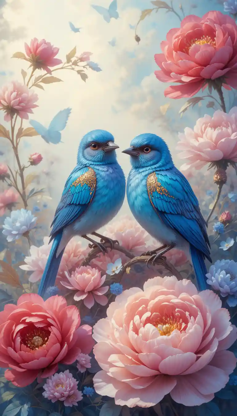 Iridescent blue birds among red and blue peonies