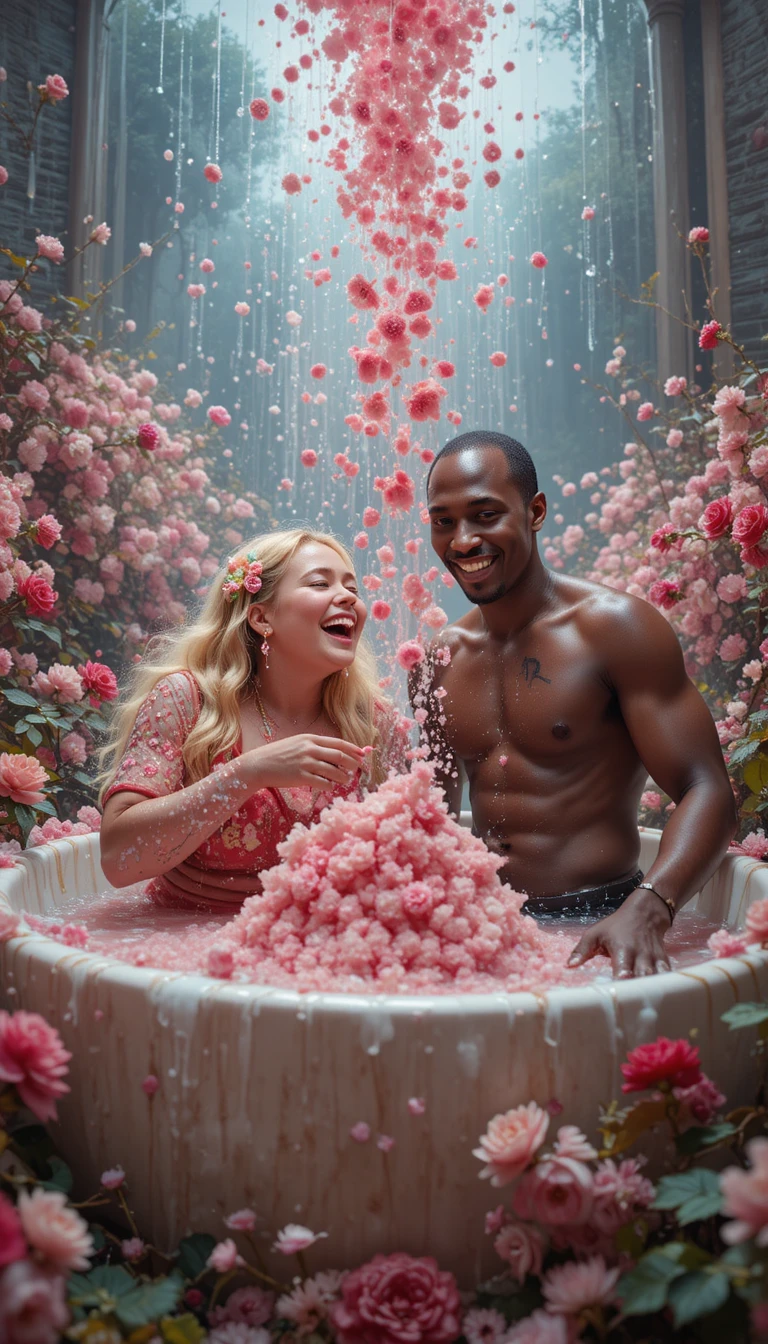 Donna gioiosa in un bagno pieno di fiori di campo e caramelle