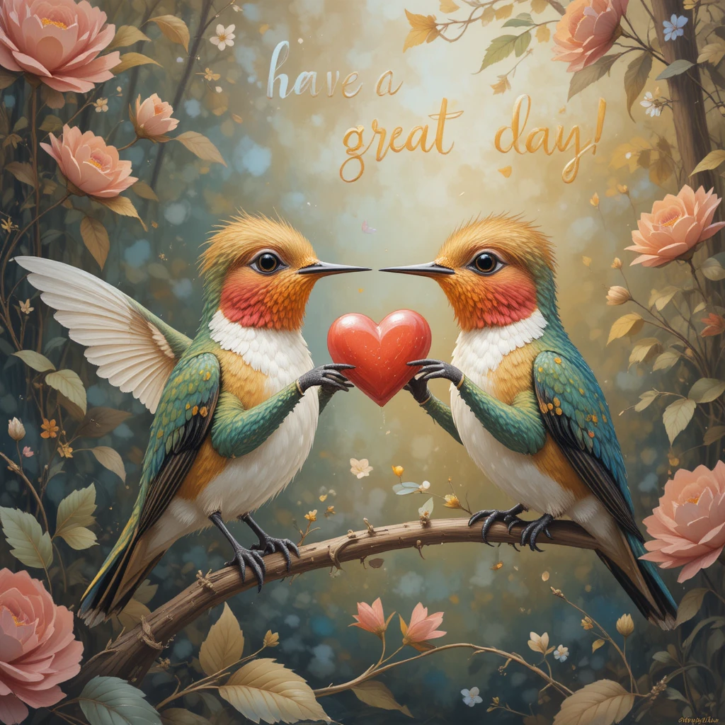 Dos colibríes compartiendo un caramelo en forma de corazón entre el follaje