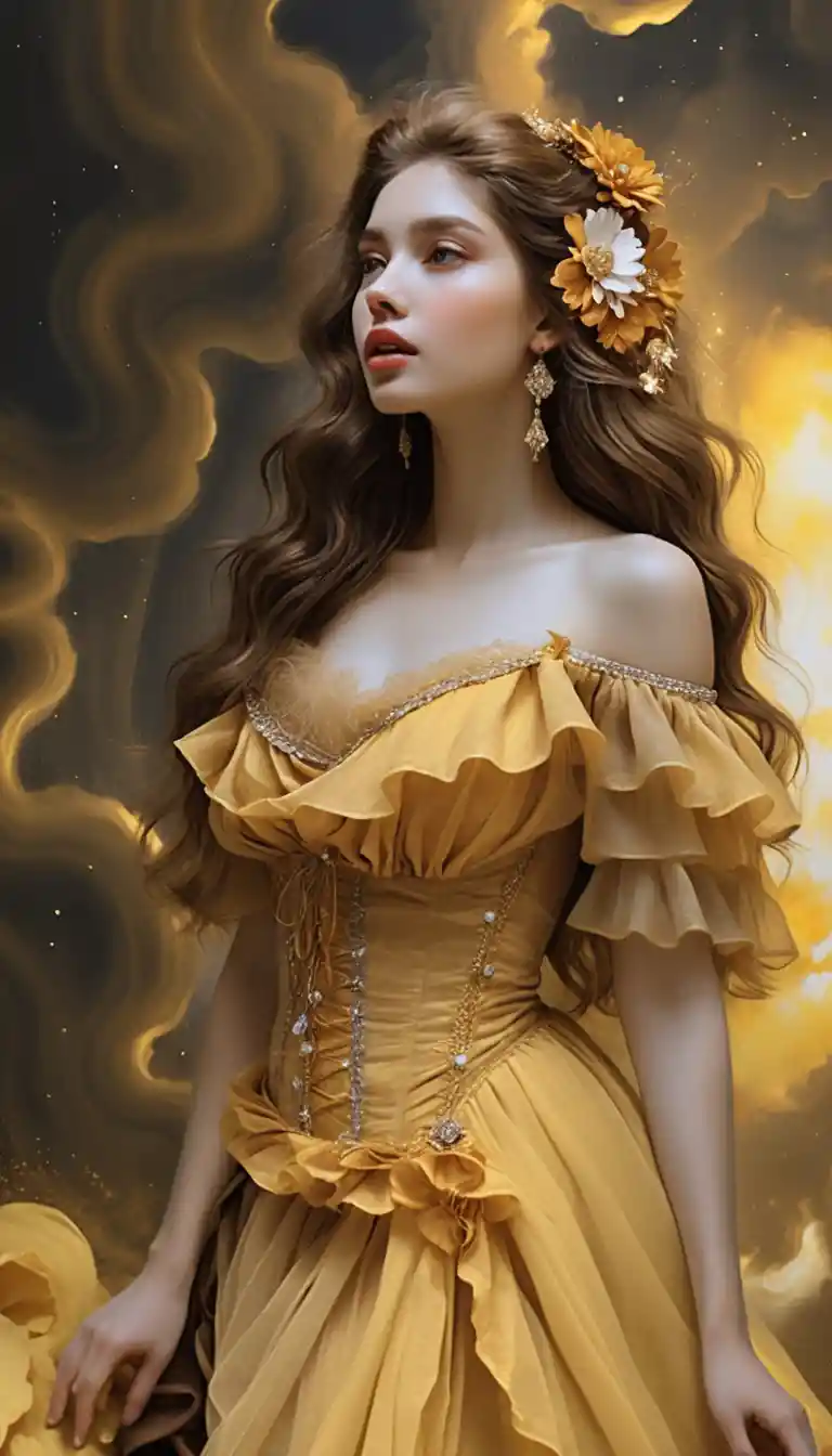 Golden fantasy portrait of an ethereal asian woman in couture