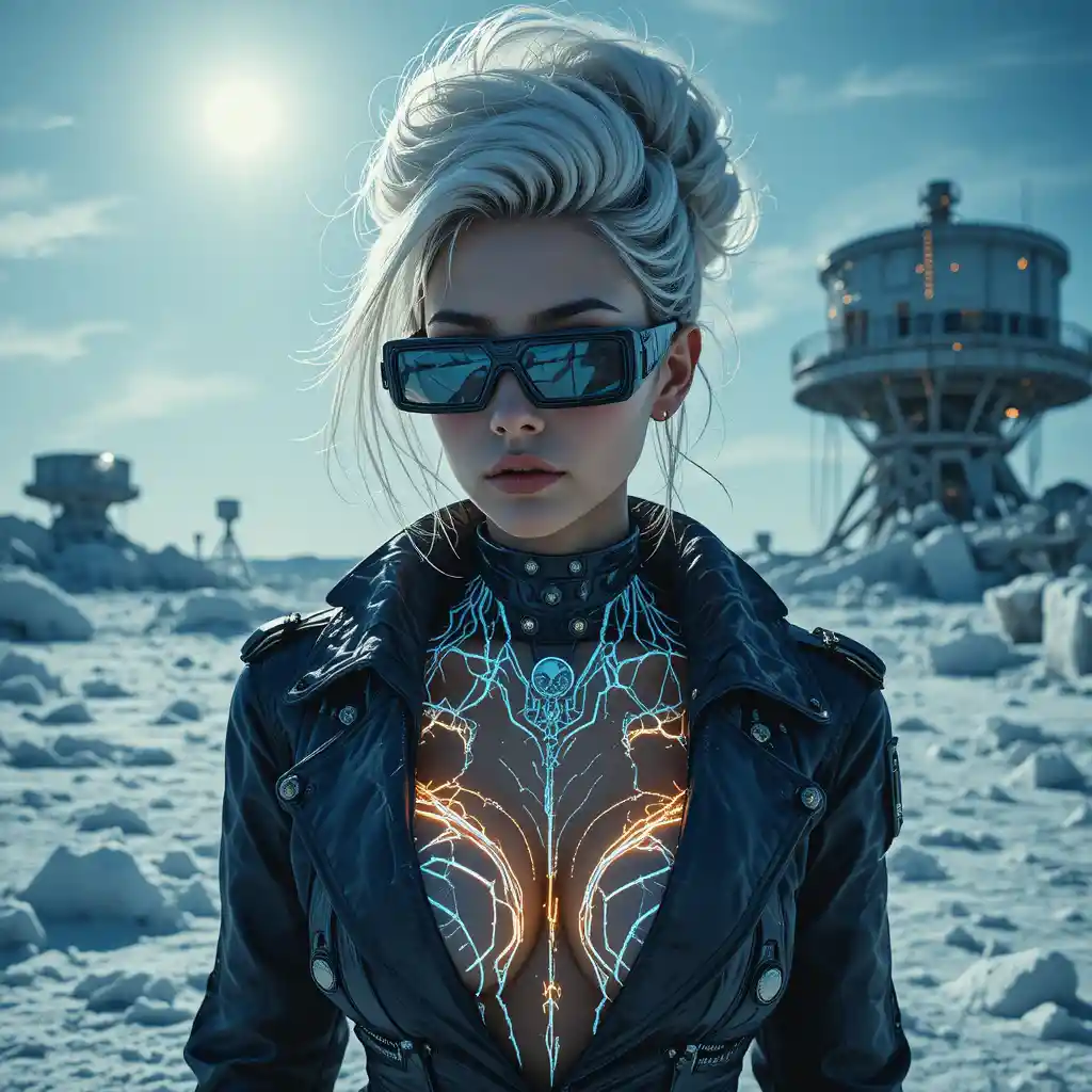 Femme fatale in arctic cyberpunk radar outpost portrait