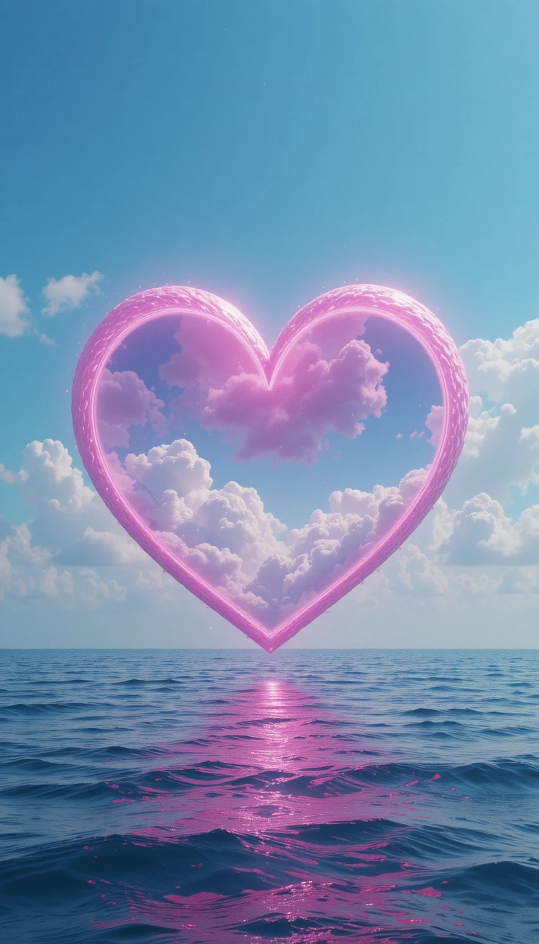 Surrealer rosa Herz-Leerraum über einem ruhigen Ozeanhorizont