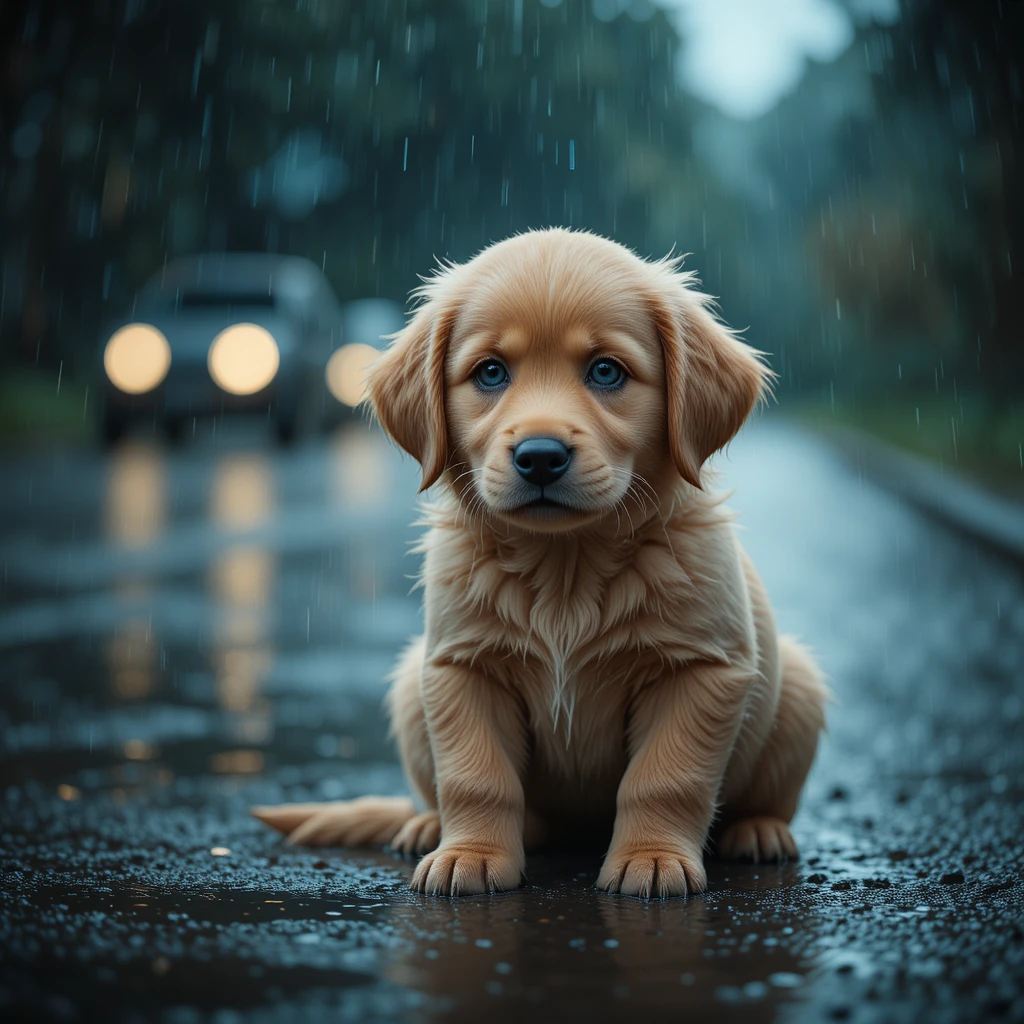 Chiot golden retriever triste assis seul sous la pluie