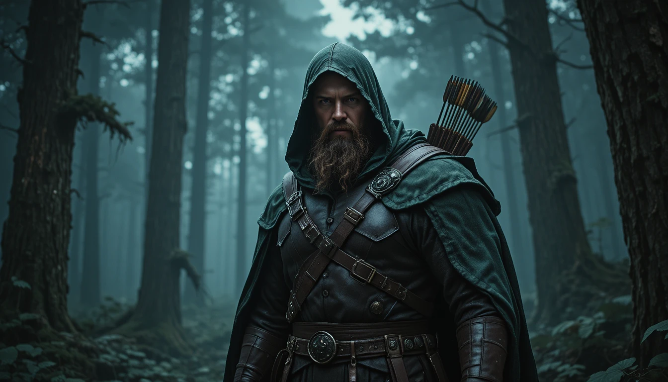 Bearded archer in a green cloak in a misty forest