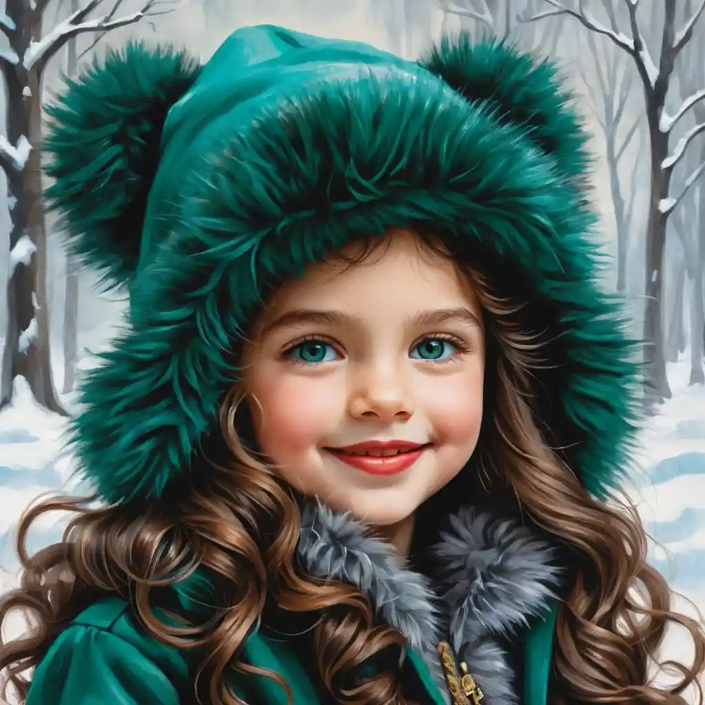 Smiling winter girl in green fur hat and coat