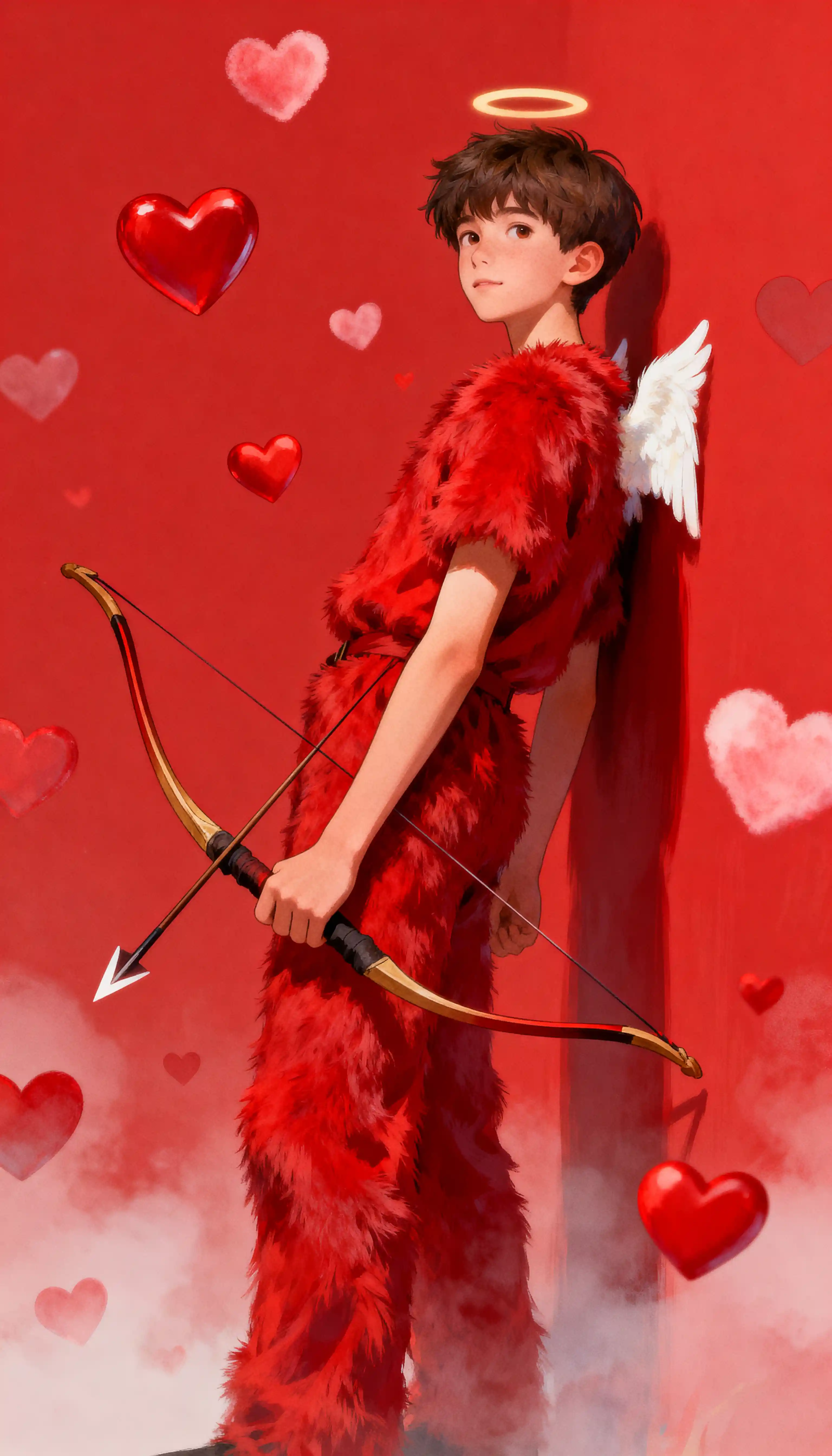 Teenage boy archer in red with hearts on red background