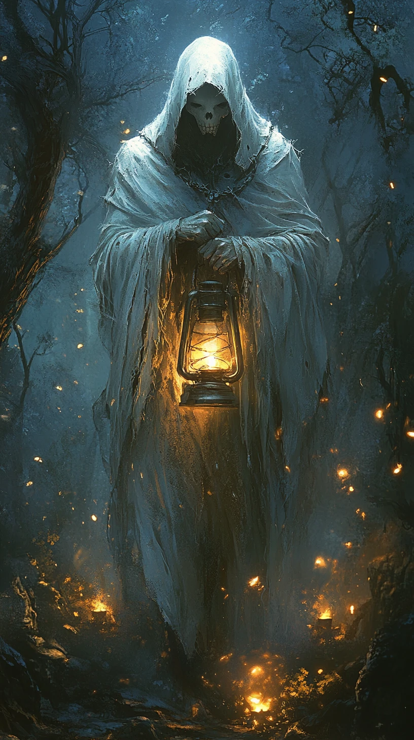 Spectral ghost with lantern in a dark enchanted forest