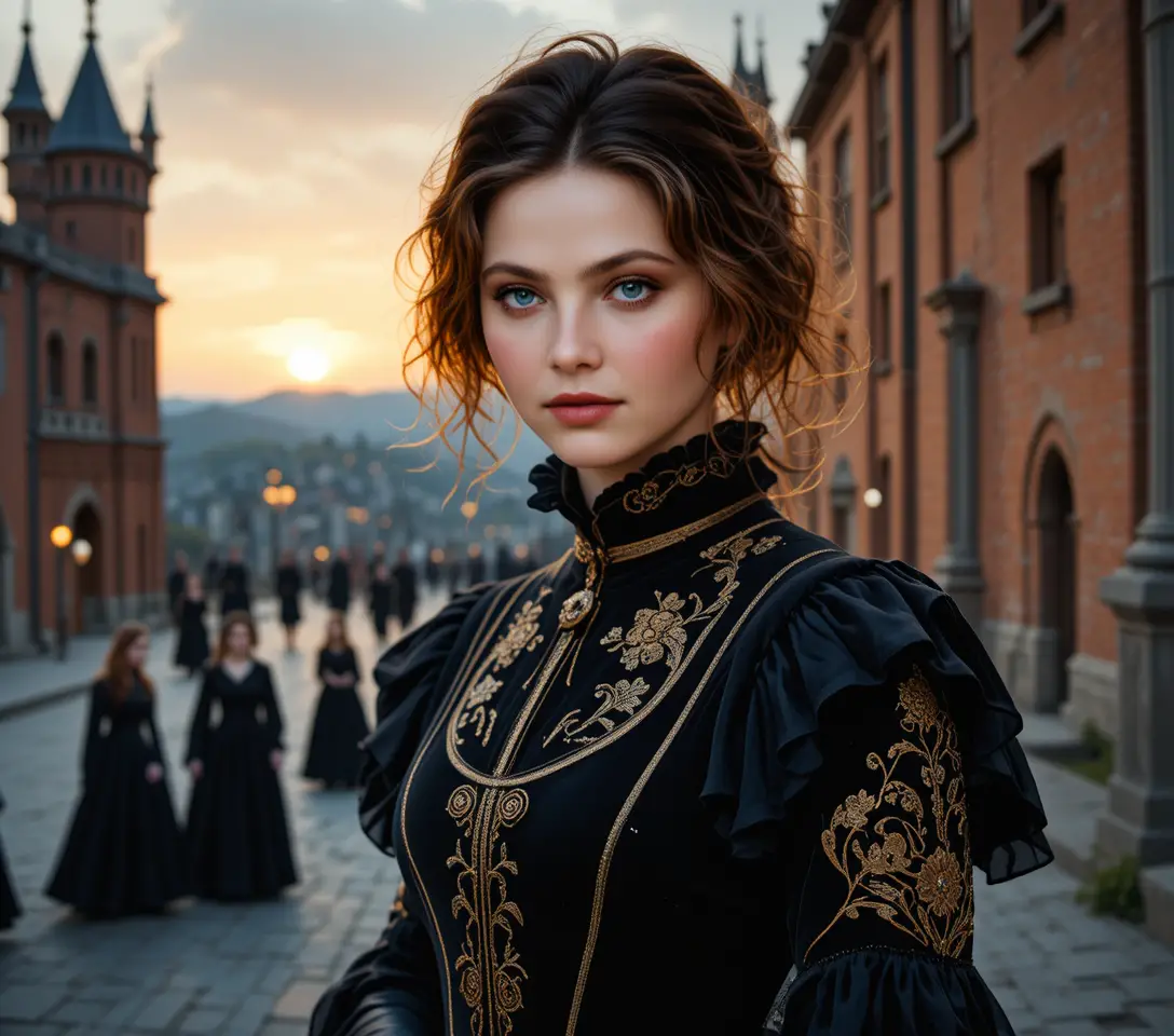 Young red haired girl in black velvet dress at sunset