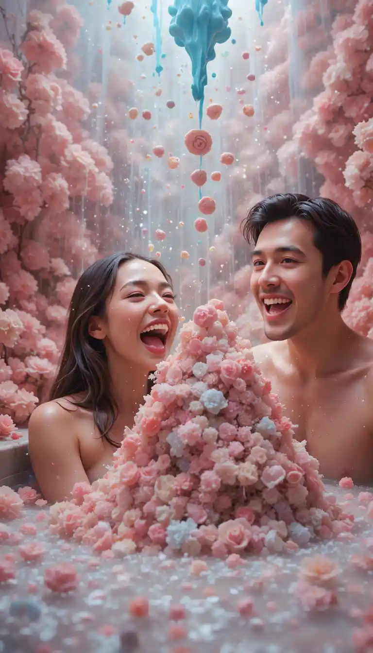 Laughing couple in a bathroom flooded with wildflowers